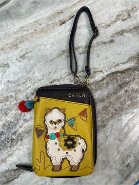Chala Mustard Yellow Alpaca Crossbody Phone Wallet with Brown Trim